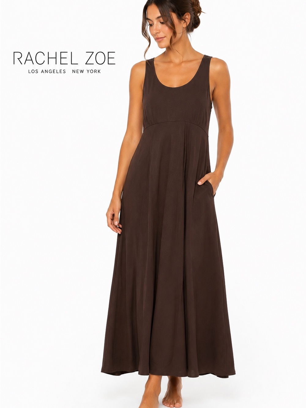 Rachel Zoe Brown Sleeveless Maxi Dress with Pockets – Size XL